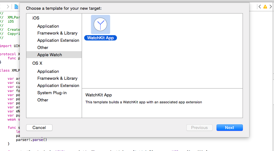 Add a WatchKit app target in your project